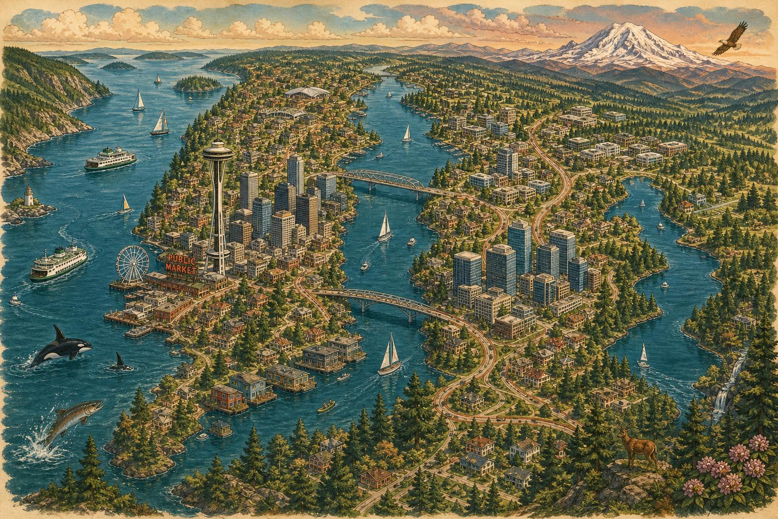 Illustrated bird's-eye map of Seattle and the Eastside showing the Space Needle, Elliott Bay ferries, the Lake Washington floating bridges, Bellevue's skyline, and Mount Rainier