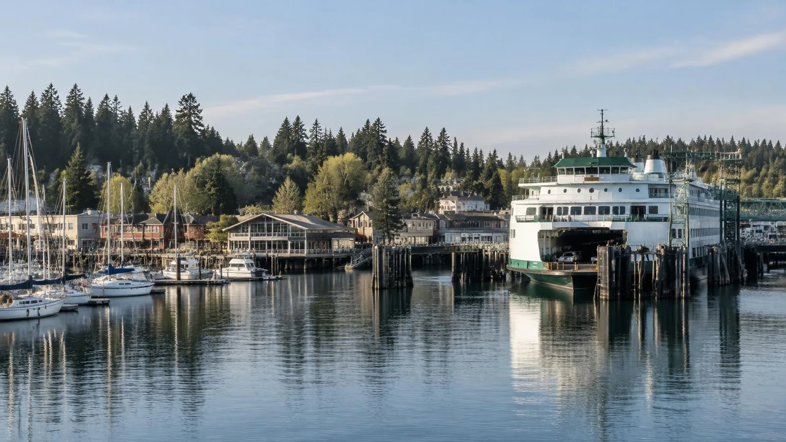 A large white ferry crossing the blue water of the Puget Sound with a green island in the distance