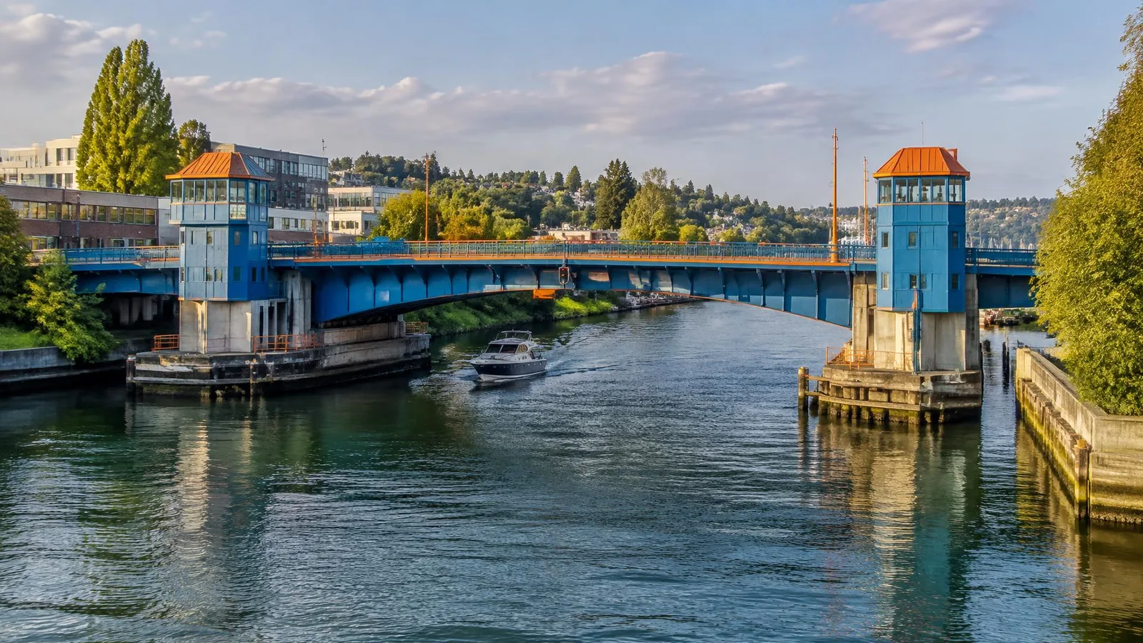The blue and orange Fremont Bridge over the Lake Washington Ship Canal