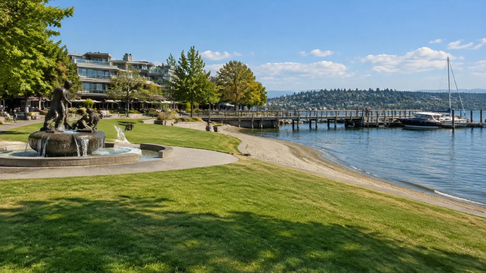 Kirkland waterfront park with boats on Lake Washington